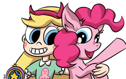 Size: 2343x1474 | Tagged: safe, artist:raktor, derpibooru exclusive, pinkie pie, earth pony, pony, crossover, duo, heart, simple background, star butterfly, star vs the forces of evil, the multiverse is doomed, this will end in parties, xk-class end-of-the-world scenario