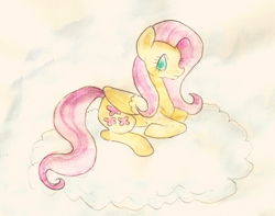 Size: 1024x808 | Tagged: safe, artist:chiuuchiuu, fluttershy, pegasus, pony, cloud, solo, traditional art, watercolor painting