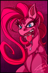 Size: 681x1024 | Tagged: safe, artist:foldeath, pinkie pie, earth pony, pony, drool, insanity, solo, teeth, tongue out