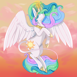 Size: 3600x3600 | Tagged: safe, artist:ami-lkshake, artist:andriamiles, princess celestia, alicorn, pony, cloud, crown, ear fluff, female, glowing eyes, hoof shoes, jewelry, leonine tail, magic, majestic, mare, necklace, no mouth, regalia, sky, solo, spread wings, sunset, wing fluff, wings
