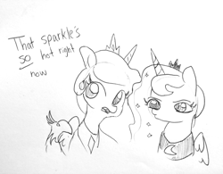 Size: 1847x1440 | Tagged: safe, artist:tjpones, philomena, princess celestia, princess luna, alicorn, pony, crown, female, jewelry, lineart, mare, monochrome, regalia, sisters, traditional art, zoolander