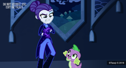 Size: 1212x659 | Tagged: safe, artist:tassji-s, rarity, spike, dog, equestria girls, the cutie re-mark, alternate timeline, boots, clothes, disgusted, duo, equestria girls interpretation, equestria girls-ified, hair bun, night maid rarity, nightmare takeover timeline, pants, scene interpretation, shoes, spike the dog, tailcoat