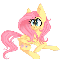 Size: 1024x1016 | Tagged: safe, artist:sambathebunny, fluttershy, pegasus, pony, crossed hooves, folded wings, head turn, looking at you, prone, signature, simple background, smiling, solo, transparent background, wings