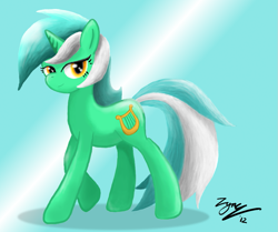Size: 963x805 | Tagged: safe, artist:zyncrus, lyra heartstrings, pony, unicorn, abstract background, female, lidded eyes, mare, signature, smiling, solo