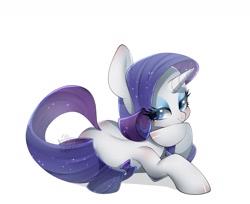 Size: 1083x884 | Tagged: safe, artist:snow angel, rarity, pony, unicorn, ethereal mane, female, lidded eyes, looking at you, mare, prone, simple background, solo, starry mane, white background