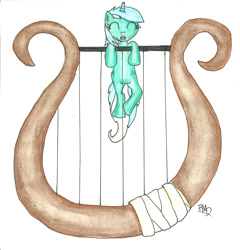 Size: 1634x1700 | Tagged: safe, artist:rainbowmerokodash, lyra heartstrings, hang in there, hanging, lyre, solo, traditional art