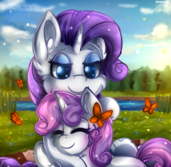 Size: 988x959 | Tagged: safe, artist:deraniel, rarity, sweetie belle, butterfly, pony, unicorn, cloud, cute, diasweetes, female, filly, grass, hug, mare, raribetes, river, sisters, sky, smiling, water