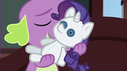 Size: 1280x720 | Tagged: safe, edit, edited screencap, screencap, rarity, spike, spike the regular dog, dog, better together, equestria girls, reboxing with spike!, crush plush, eyes closed, implied shipping, implied sparity, implied straight, male, paws, plushie, rarity plushie