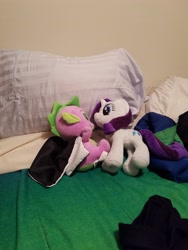 Size: 3024x4032 | Tagged: safe, rarity, spike, dragon, pony, unicorn, female, male, plushie, shipping, sparity, straight