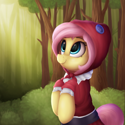 Size: 2000x2000 | Tagged: safe, artist:vanillaghosties, fluttershy, pegasus, pony, bipedal, clothes, crossover, cute, female, forest, hood, hooves to the chest, little red riding hood, outdoors, shyabetes, skirt, smiling, solo, three quarter view