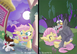 Size: 4961x3508 | Tagged: safe, artist:wolfmarian, fluttershy, pipsqueak, hengstwolf, pegasus, pony, werewolf, wolf, absurd resolution, wereshy