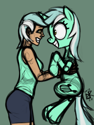 Size: 1200x1600 | Tagged: safe, artist:ldr, lyra heartstrings, pony, unicorn, duo, eye contact, green background, grin, holding, holding a pony, human ponidox, humanized, irrational exuberance, looking at each other, old version, simple background, sketch, smiling