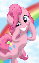 Size: 1200x1920 | Tagged: safe, artist:theroyalprincesses, pinkie pie, pony, bipedal, grin, hooves on face, rainbow, smiling, solo, squishy cheeks