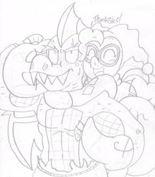 Size: 1686x1928 | Tagged: safe, artist:blackbewhite2k7, garble, pinkie pie, dragon, earth pony, pony, buff, carrying, harley quinn, hug, killer croc, money bag, muscles, sketch, wip