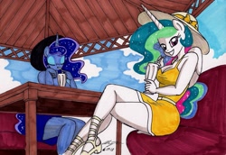 Size: 1954x1346 | Tagged: safe, artist:newyorkx3, princess celestia, princess luna, alicorn, anthro, breasts, cleavage, clothes, dress, duo, eyes closed, female, hat, looking at you, mare, milkshake, royal sisters, sun hat, traditional art