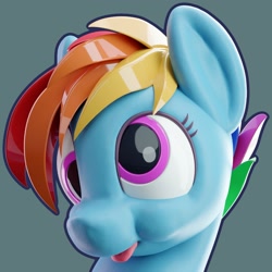 Size: 1600x1600 | Tagged: safe, alternate version, artist:mortarroad, derpibooru exclusive, derpibooru import, rainbow dash, pegasus, pony, 3d, :p, blender, blender cycles, bust, cross-eyed, cute, derp, female, mare, mlem, portrait, silly, simple background, solo, tongue out