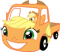 Size: 1024x895 | Tagged: safe, applejack, earth pony, pony, automobile, kia, kia bongo, not salmon, pickup truck, solo, truck, wat