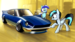 Size: 1920x1080 | Tagged: safe, artist:dori-to, derpibooru import, minuette, oc, oc:veloce star, pony, unicorn, car, female, mare, nissan, nissan 240z, wallpaper