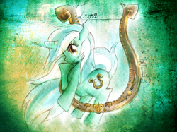 Size: 2405x1796 | Tagged: safe, artist:ptolemaiosls, lyra heartstrings, pony, unicorn, female, horn, lyre, mare, solo