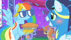 Size: 1280x720 | Tagged: safe, derpibooru exclusive, derpibooru import, edit, editor:katy木土, screencap, carrot top, golden harvest, minuette, rainbow dash, soarin', pegasus, pony, the best night ever, blushing, female, food, glasses, male, mare, pie, stallion