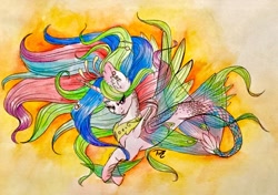 Size: 1024x720 | Tagged: safe, artist:tillie-tmb, princess celestia, seaponified, smiling, solo, species swap, traditional art