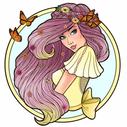 Size: 4961x4961 | Tagged: safe, artist:amy-hands, fluttershy, butterfly, human, absurd resolution, beautiful, blue eyes, bust, colored pupils, cute, floral head wreath, flower, frame, humanized, lipstick, pink hair, simple background, smiling, solo, white background