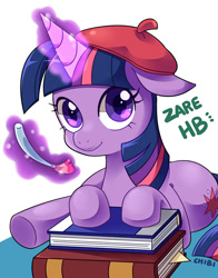 Size: 668x850 | Tagged: safe, artist:tomato mameta, derpibooru import, twilight sparkle, book, levitation, looking at you, magic, paintbrush, solo