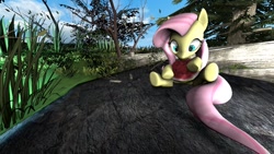 Size: 1024x576 | Tagged: safe, artist:tridashie27, fluttershy, pegasus, pony, 3d, eating, food, herbivore, plant, rock, solo, tree, watermelon