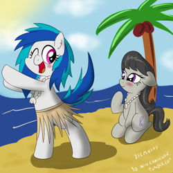 Size: 1200x1200 | Tagged: safe, artist:ziemniax, dj pon-3, octavia melody, vinyl scratch, earth pony, pony, 30 minute art challenge, beach, blushing, clothes, dancing, female, grass skirt, hula, lesbian, necklace, scratchtavia, seduction, seductive, shipping, skirt