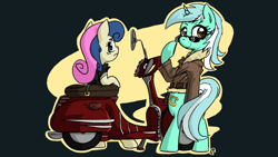 Size: 1280x720 | Tagged: safe, artist:miles, bon bon, lyra heartstrings, sweetie drops, pony, bipedal, clothes, jacket, moped, scooter, sunglasses