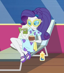Size: 663x765 | Tagged: safe, screencap, rarity, better together, equestria girls, spring breakdown, book, coconut, cropped, deck chair, feet, food, legs, new outfit, sandals, solar cream, solo, sunglasses, sunscreen