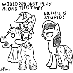 Size: 1024x1024 | Tagged: safe, artist:derkrazykraut, bon bon, lyra heartstrings, sweetie drops, horse, pony, bipedal, bon bon is not amused, costume, mask, monochrome