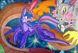 Size: 1024x698 | Tagged: safe, artist:bakukurara, derpibooru import, discord, twilight sparkle, twilight sparkle (alicorn), alicorn, pony, female, fight, flying, looking back, magic, mare, traditional art