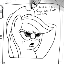 Size: 1000x1000 | Tagged: safe, artist:spritepony, applejack, earth pony, pony, black and white, breaking the fourth wall, drawing, grayscale, implied human, offscreen character, solo