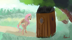 Size: 1920x1080 | Tagged: safe, artist:miokomata, fluttershy, pegasus, pony, bathroom, bipedal, desperation, fangs, forest, hooves between legs, knees pressed together, need to pee, omorashi, out of character, potty dance, potty emergency, potty time, scenery, signature, solo, tree, trotting in place, vulgar