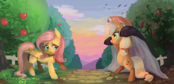 Size: 3304x1596 | Tagged: safe, artist:ikirunosindo, applejack, fluttershy, earth pony, pegasus, pony, bats!, apple, apple tree, food, scene interpretation, tree