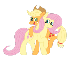 Size: 2592x1936 | Tagged: safe, artist:squipycheetah, applejack, fluttershy, earth pony, pegasus, pony, applejack's hat, appleshy, cute, female, folded wings, freckles, happy, hat, jackabetes, lesbian, looking back, open mouth, shipping, shyabetes, simple, simple background, smiling, standing, transparent background, vector, walking