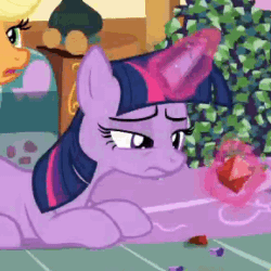 Size: 289x289 | Tagged: safe, screencap, applejack, twilight sparkle, twilight sparkle (alicorn), alicorn, earth pony, pony, maud pie (episode), animated, animation error, chewing, eating, female, mare, rock candy, somehow a unicorn again, wingless