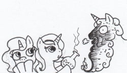 Size: 719x413 | Tagged: safe, artist:kuroneko, derpibooru exclusive, princess celestia, princess luna, star swirl the bearded, alicorn, pony, unicorn, beard, facial hair, female, filly, ink drawing, monochrome, simple background, traditional art, white background, younger