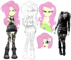 Size: 705x596 | Tagged: safe, artist:tokatl, edit, edited screencap, screencap, fluttershy, equestria girls, alternate costumes, alternate hairstyle, goth, heavy metal, lineart, metal, metalshy, repaint, simple background, solo, white background