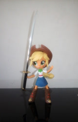 Size: 768x1200 | Tagged: safe, applejack, equestria girls, clothes, doll, equestria girls minis, eqventures of the minis, skirt, solo, sword, toy, weapon