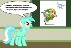 Size: 737x500 | Tagged: safe, lyra heartstrings, human, pony, unicorn, chalkboard, fairy, female, human studies101 with lyra, hylian, link, mare, meme, speech bubble, the legend of zelda