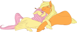 Size: 1280x530 | Tagged: safe, artist:the-chibster, applejack, fluttershy, earth pony, pegasus, pony, appleshy, female, holding, lesbian, resting, shipping, straw, unshorn fetlocks