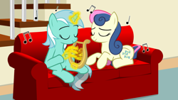 Size: 1024x576 | Tagged: safe, artist:tritebristle, bon bon, lyra heartstrings, sweetie drops, hand, lyre, magic, magic hands, music, sofa