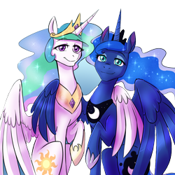 Size: 1280x1280 | Tagged: safe, artist:jitterbugjive, edit, editor:childofthenight, princess celestia, princess luna, alicorn, pony, background removed, female, hoof shoes, hug, lidded eyes, looking at you, mare, royal sisters, side hug, simple background, sisters, smiling, transparent background, winghug