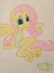 Size: 2448x3264 | Tagged: safe, artist:darienspeyer, artist:kuroi-wolf, fluttershy, anthro, plantigrade anthro, feet, solo, traditional art