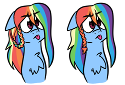 Size: 1280x876 | Tagged: safe, artist:mlprarepairartsies, derpibooru import, rainbow dash, pegasus, pony, :p, alternate hairstyle, braid, bust, chest fluff, female, mare, simple background, solo, tongue out, white background