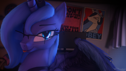 Size: 3840x2160 | Tagged: safe, artist:doctorthei, princess celestia, princess luna, alicorn, pony, 3d, bedroom eyes, bust, chest fluff, ear fluff, female, fluffy, glasses, looking at you, mare, s1 luna, solo, source filmmaker, spread wings, tongue out, wings