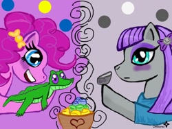 Size: 960x720 | Tagged: safe, artist:winterwoelfin, boulder (pet), gummy, maud pie, pinkie pie, earth pony, pony, rock candy