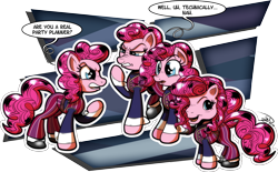 Size: 3602x2232 | Tagged: safe, artist:gray--day, pinkie pie, earth pony, pony, g3, g3.5, alternate hairstyle, clones, clothes, crossover, dialogue, group, lazytown, open mouth, pinkie blind, pinkie clone, raised hoof, robbie rotten, self ponidox, signature, we are number one